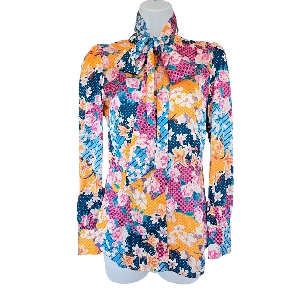 Hawes & Curtis Floral Patchwork Bow Neck Fitted Blouse Sz 2 Retro Eclectic Chic